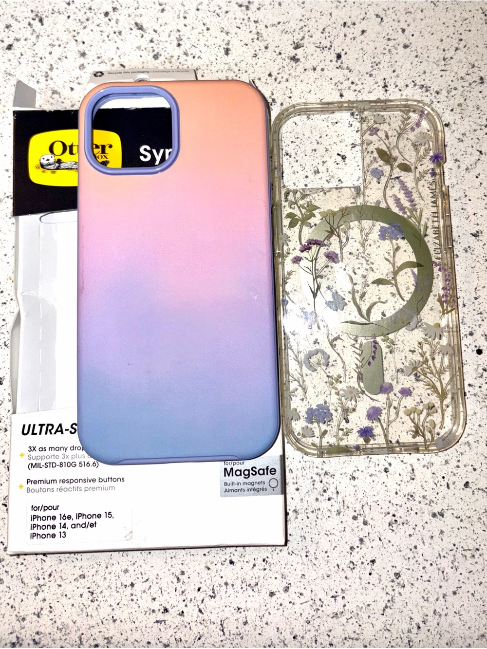 2 OtterBox iPhone Cases — Pink to Blue Gradient + Clear Floral